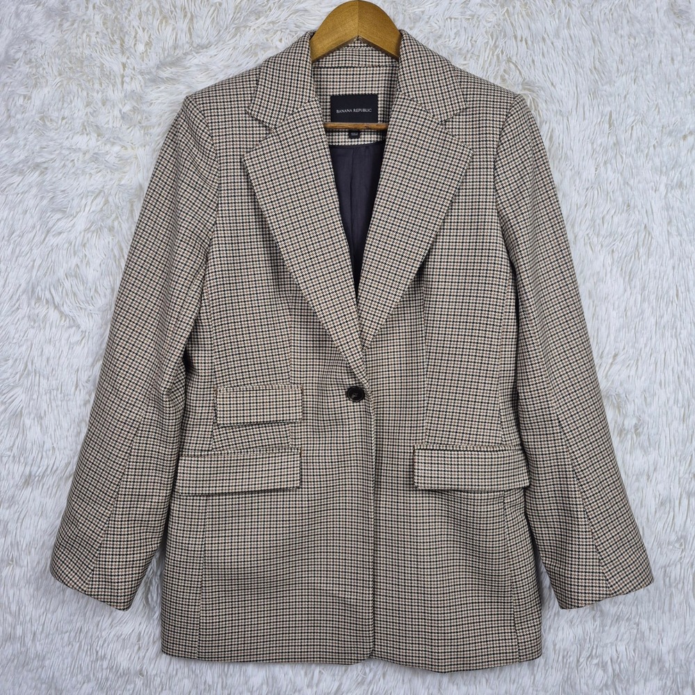Banana Republic Womens 8 Sculpted Italian Wool Blazer Jacket Houndstooth Tweed